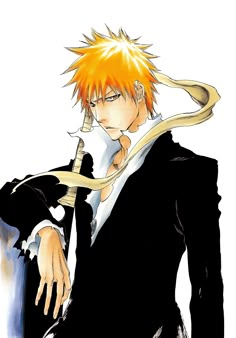 an anime character with orange hair wearing a black suit and holding a knife in his hand