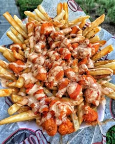 chicken and french fries covered in sauce on a plate