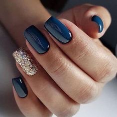 Short Navy Blue Square Nails With Gold Glitter Blue Nail Color, Navy Blue Nails, Color For Nails, Shaped Nails, Blue Nail, Almond Shaped, Dipped Nails, Prom Nails, Short Acrylic Nails