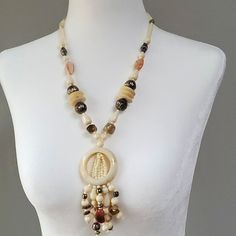 Real Stones Complement Cream Beads For A Soft And Soothing Look And Feel. Antiqued Silver Bead Accents Beaded Dangle Long Necklace For Gift, Beige Jewelry With Dangling Beads For Gift, Beaded Dangle Long Necklace As A Gift, Beige Jewelry With Dangling Beads As Gift, Vintage Beaded Beige Necklace, Long Beaded Chain Costume Necklace, Elegant Beige Jewelry With Large Beads, Costume Jewelry Long Beaded Necklace, Beige Beaded Necklaces With Round Beads