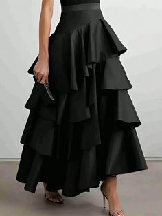 Plus Size Women Solid Color High Waist Long Cake Skirt Black Casual   Woven Fabric Colorblock,Plain Layered/Tiered Non-Stretch  Women Plus Clothing, size features are:Bust: ,Length: ,Sleeve Length: Midi Skirts Summer, Cake Skirt, High Waist Long Skirt, Cotton Midi Skirt, Half Skirt, Party Skirt, High Waist Fashion, Elegant Skirt, Elegant Party