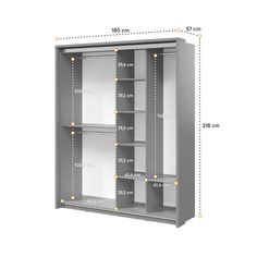 an image of a closet with measurements for the door and shelves in front of it