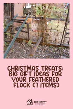 A dilapidated chicken coop with text overlay "CHRISTMAS TREATS: BIG GIFT IDEAS FOR YOUR FEATHERED FLOCK (1)" from The Happy Chicken Coop.