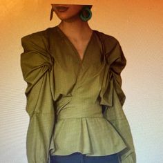 Long Puffy Sleeve, Hi-Lo,Wrap Shirt Chic Green Wrap Top For Spring, Chic Green Wrap Top, Chic Fall Wrap Top For Brunch, Long Sleeve Wrap Top For Fall Brunch, Chic Green Wrap Blouse, Solid Color Chic Wrap Tops, Fall Wrap Top For Brunch, Fall Season Wrap Top For Brunch, Fall Brunch Wrap Top