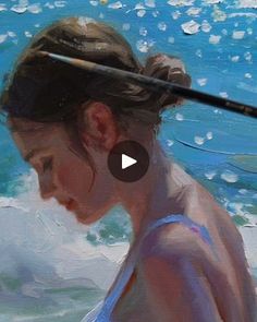 an oil painting of a girl in the water with a fishing pole on her head