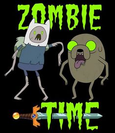 an image of two cartoon characters that are in front of a black background with the words zombie time on it