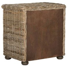 a wicker storage box with wheels on an isolated white background for use as a side table