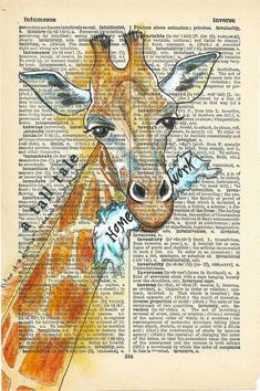 a drawing of a giraffe with words written on it's face and neck