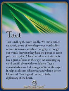 a card with the words tact on it and an image of a green leaf