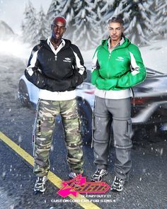 two men standing next to each other in front of a snow covered tree and car