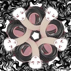 an image of four women with their faces in the center of a circular design on black and white background