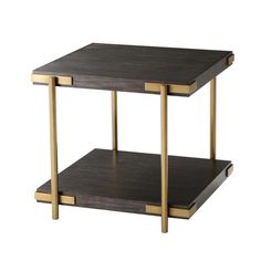 a black and gold end table with two shelves on each side, one shelf is open