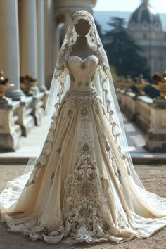 a wedding dress on display in front of an ornate building with columns and statues behind it