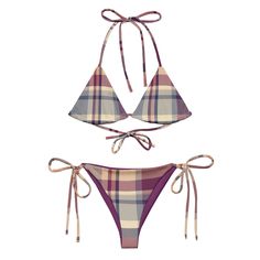 Lavender Haze Plaid String Bikini Retro Trendy Bikinis, 2000s Bikinis Vintage, 70s Bikinis Vintage, Vintage Swimwear Aesthetic, Swimsuit Inspo Summer, Coquette Swimwear, 90s Bikinis Vintage, Grunge Swimsuit, 2000s Swimwear