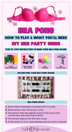 an advertisement for bra pong and how to play what you'll need by hen party guide