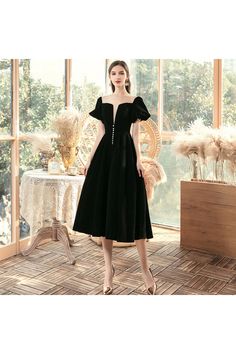 Shop simple velvet tea length black party dress with square v neck online. Sheprom offers formal or casual style dresses to fit your special occasions. Elegant Velvet Dress With Square Neck, Elegant Black A-line Velvet Dress, Elegant Knee-length Velvet Dress For Formal Occasions, Elegant Velvet Midi Dress, Chic Black Velvet V-neck Dress, Elegant Velvet Midi Cocktail Dress, Elegant Velvet Midi Dress For Formal Occasions, Elegant Velvet V-neck Dress For Night Out, Velvet Party Midi Dress