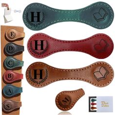 three different types of personalized leather bookmarks with monogrammings on them