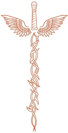 an orange cadus symbol with wings and snakes in the shape of a rod on a white background