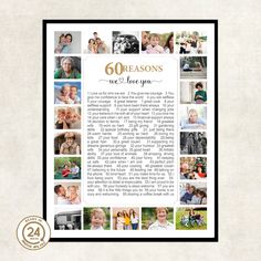 a family photo collage with the words 60 reasones on it