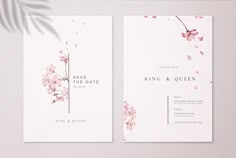 two wedding cards with pink flowers on them