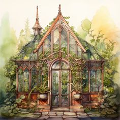 a painting of a greenhouse with plants growing inside