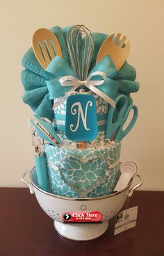 a basket filled with kitchen utensils on top of a table