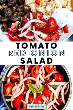 tomatoes, onions and other vegetables are shown with the words tomato red onion salad