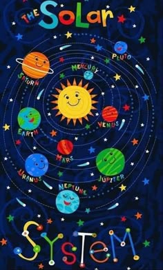 the solar system with stars and planets on it, as well as words that spell out their names