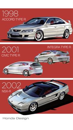 the evolution of honda's cars in three different stages, from top to bottom