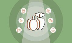 an orange and white pumpkin sitting on top of a green background with icons around it