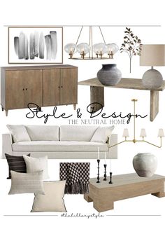 the interior design mood board is shown with furniture and decor in neutral tones, including white couch