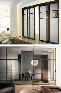 two pictures of the same room and one has sliding glass doors that open up to let in light