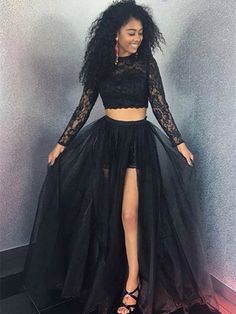 Two Pieces Long Sleeves Lace Black Prom Dresses, Two Pieces Black Formal Dresses, Evening Dresses Green Quinceanera, Dress Quinceanera, Modest Evening Dress, Green Prom, Modest Prom, Dress Modest, Tulle Evening Dress, Dress Mint, Black Two Piece