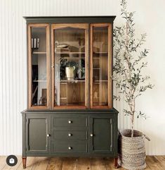 a green china cabinet sitting on top of a wooden floor next to a potted plant