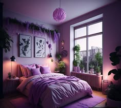 Pink and Lavender bedroom. Evening scene. Burning candle and lamp lights highlighting the walls. Bay window holding plants. Lavender colour tones across the room in an evening setting. Bedrooms Purple Aesthetic, Lavender And Pink Bedroom Ideas, Room Decor For Purple Walls, Lavender Aesthetic Bedroom Ideas, Pink And Lavender Room Ideas, Bedroom With Lilac Walls, Bedroom With Lavender Accents, Room Ideas Bedroom Purple, Groovy Purple Bedroom