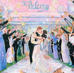 a painting of a bride and groom kissing under confetti