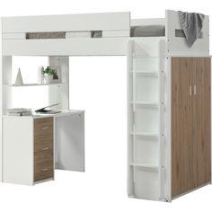 a white loft bed with desk underneath it and shelves on the bottom level, next to a bookcase