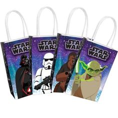 three star wars bags with the characters on them and one is holding a light saber