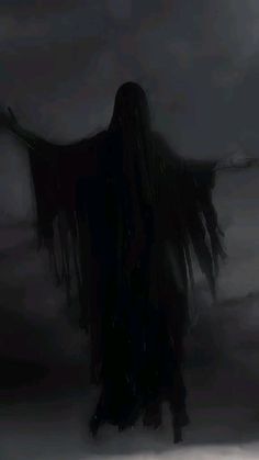 a ghostly woman walking in the dark with her arms spread out and hands extended up