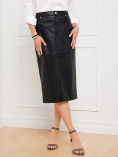 Our always-flattering pencil skirt in smooth, buttery-soft faux leather. Sleek, elongated silhouette is crafted with chic pockets. Goes from the office to dinner with ease. Features Pencil Hits At Knee Front zip with button closure Five pocket Imported Fit: Misses: 28"; Petite: 25 1/2"; Plus: 28" Material: 100% Polyester With Polyurethane Coating Care: Machine Wash Cold, Gentle Cycle, Only Non-Chlorine Bleach When Needed; Line Dry, Do Not Iron | Faux Leather Pencil Skirt Talbots Leather Trend, Fall Winter Coat, Faux Leather Pencil Skirt, Preppy Fall, Fall Capsule Wardrobe, Leather Pencil Skirt, Shopping Event, Classic Style Women, Faux Leather Skirt