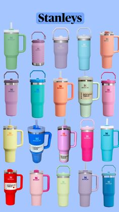 many different colored mugs with handles and handles on each one, all in different colors