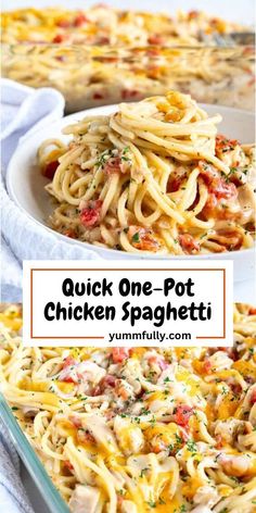 chicken spaghetti in a casserole dish with text overlay