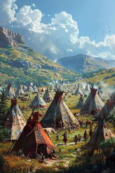 an artist's painting of native american teepees in the mountains