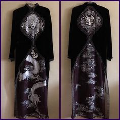 Amazing One Of Kind Chinese Dress With Custom Hand Painted And Appliqu Dragon. Dress Made Of 100% Silk Purple Velvet With Organza Inserts In Front And Back. Closure Is Traditional Diagonal From Collar To The Side Of The Dress With Snaps. Very Long Slits On Each Side, 33” Long. Dress Length Is 48.5” The Crystal Looking Embellishment Along The Sides, Mandarin Collar And End Of Sleeves Is Actually Drops Of Silver Paint. No Size Label. Will Fit Small. Chest Across Is 18.5” From My Personal Vintage Garments Collection. Purple Chinese Dress, Dragon Embroidery Dress, Chinese Traditional Dress Purple, Fitted Long Sleeve Embroidered Cheongsam, Chinese Silk Robe Dragon, Luxury Long Sleeve Traditional Cheongsam, Silver Paint, Chinese Dress, Purple Velvet