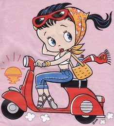 a woman riding on the back of a red scooter wearing a bandana