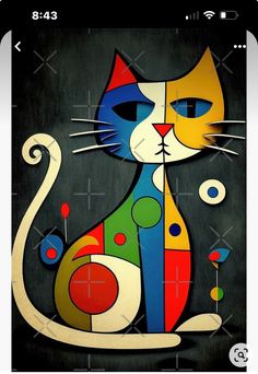 a painting of a cat sitting on top of a black background with circles and dots