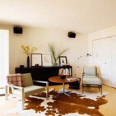 a living room filled with furniture and a cowhide rug