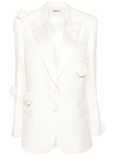 white twill weave satin trim floral appliqué dart detailing peak lapels shoulder pads long sleeves buttoned cuffs two front flap pockets English rear vents full lining front button fastening Floral Farfetch, Blazer White, City Dress, Twill Weave, Demi Fine Jewelry, Wedding Outfits, Van Cleef Arpels, Summer Beach Wear, White Blazer