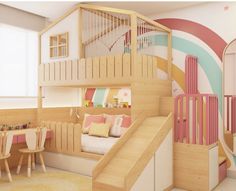 a child's bedroom with bunk beds and desks