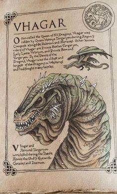 a book with an image of a dragon on it's front cover, and the words vhagar written in cursive writing